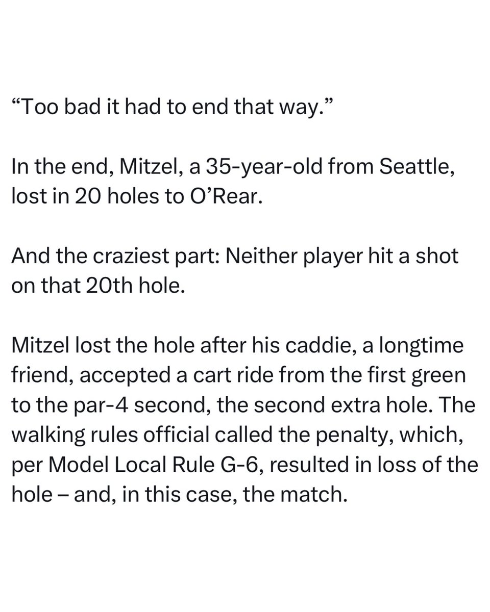 The craziest thing you will read today.

A 20-hole match at the U.S. Mid-Am decided by, you guessed it, one of the caddies accepting a cart ride to the next playoff hole, resulting in loss of the hole &amp; the match.

INSANE.

(via <a href="/BrentleyGC/">Brentley Romine</a>)