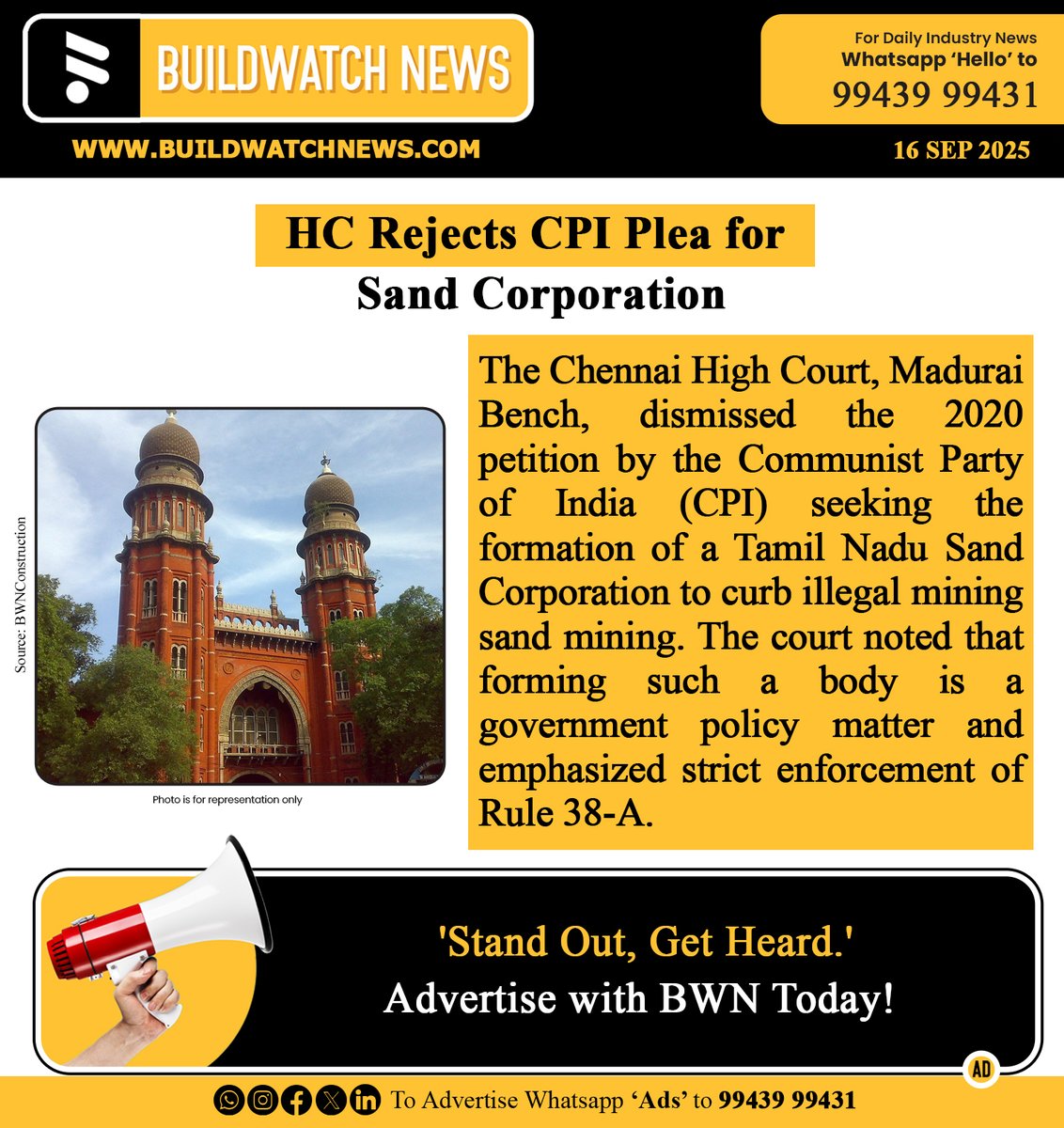 BuildWatchNEWS's tweet photo. HC Rejects CPI Plea for Sand Corporation

🔗Read more:https://t.co/KwVC55TJhV

#MadrasHighCourt #HighCourtRuling #CPI #SandMining #IllegalMining #TamilNadu #Rule38A #MiningControl #Governance #SustainableMining #PublicInterestLitigation https://t.co/P7qqtranRq