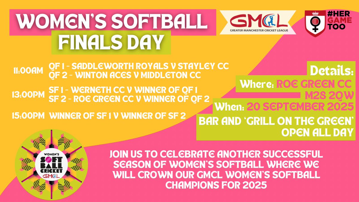 This Saturday sees our Women’s Softball Finals Day!

Originally postponed from last Sunday due to the weather, we’re now set for a fantastic day to round off another successful season 🏏 🏆