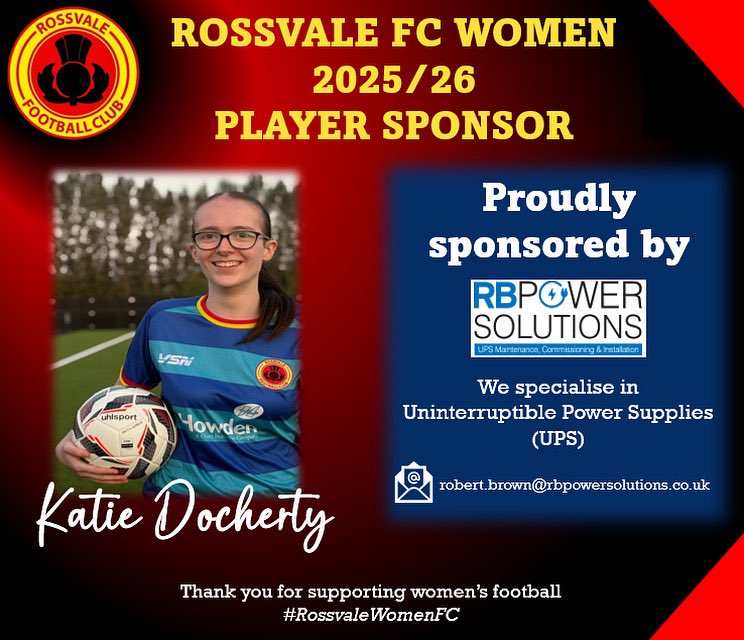 We are proud to announce that Katie Docherty is being sponsored for the Reserve Season 25/26 by RB Power Solutions. 

We are grateful for their support in the development of Rossvale Women FC’s future talent.