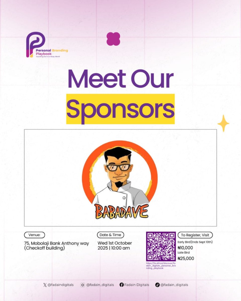 fadaindigitals's tweet image. Huge thanks to our amazing sponsors! 🙌 Your support makes the Personal Branding Playbook possible, helping people stand out in today's competitive world. 🚀

Your partnership drives our success! 🎉

tix.africa/fadain_digital…

#PersonalBrandingPlaybook #Sponsors #EventPartnership