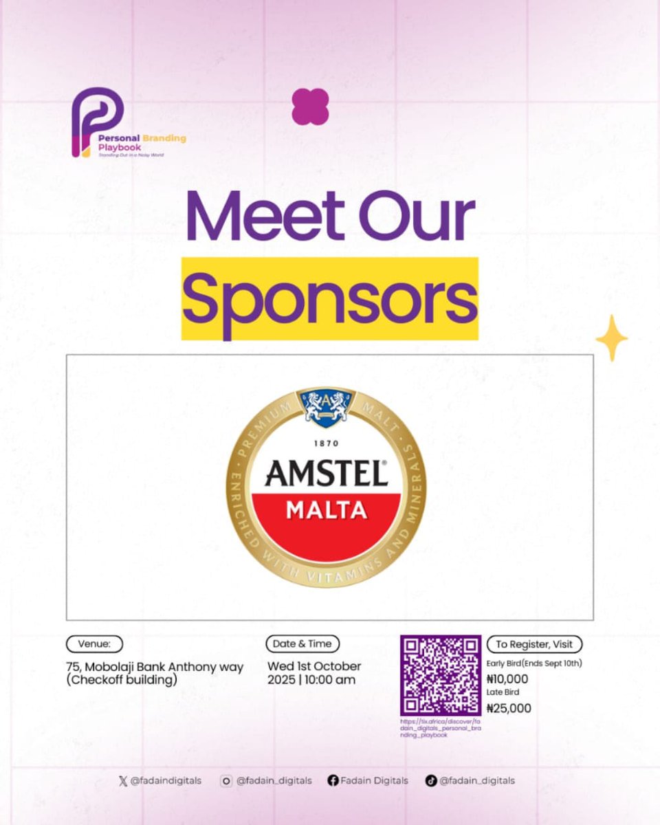 fadaindigitals's tweet image. Huge thanks to our amazing sponsors! 🙌 Your support makes the Personal Branding Playbook possible, helping people stand out in today's competitive world. 🚀

Your partnership drives our success! 🎉

tix.africa/fadain_digital…

#PersonalBrandingPlaybook #Sponsors #EventPartnership