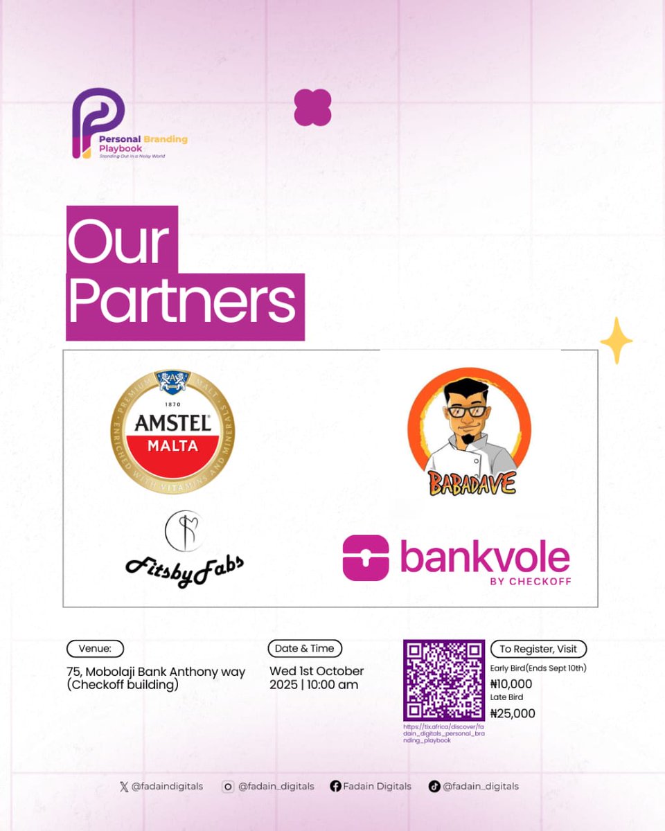 fadaindigitals's tweet image. Huge thanks to our amazing sponsors! 🙌 Your support makes the Personal Branding Playbook possible, helping people stand out in today's competitive world. 🚀

Your partnership drives our success! 🎉

tix.africa/fadain_digital…

#PersonalBrandingPlaybook #Sponsors #EventPartnership