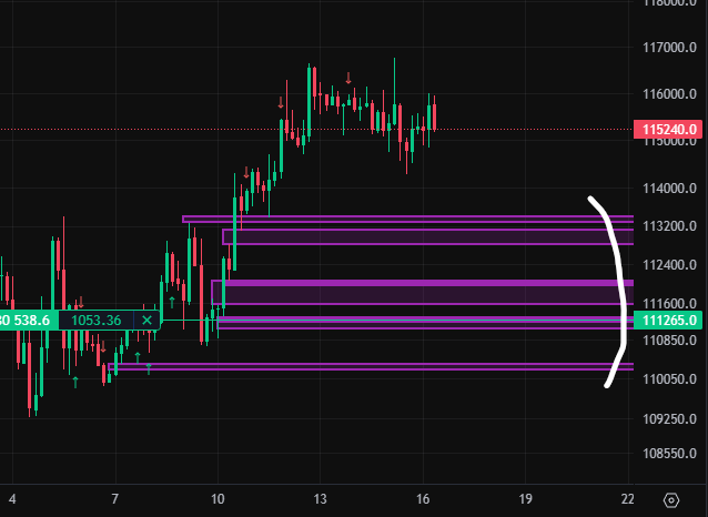 crypto_futur's tweet photo. Un petit retracement avant de décoller vers les 120k $, ce serait masterclass pour BTC !
On a encore plein de liquidations de shorts au-dessus de nous, mais un retracement vers les 113–114k $ permettrait d’aller combler les FVG et ensuite d’aller liquider le reste des shorts proches des 120k $.
Et ça pourrait coïncider avec un sell the news à cause de la baisse des taux annoncée demain par la FED.