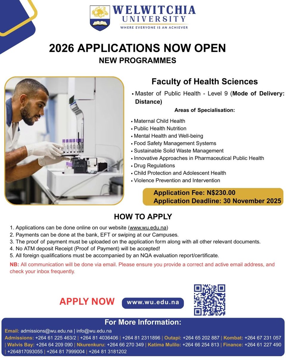 WUNamibia's tweet photo. Discover your future at Welwitchia University! 🎓 Brand new programmes are now open under our Faculty of Health Sciences and Faculty of Law, Commerce and Education. Apply online today! Deadline: 30 Nov 2025. Start your journey here 👉 https://t.co/ZWTKPXhH04 #WU #NewProgrammes https://t.co/cxj8prZg0B