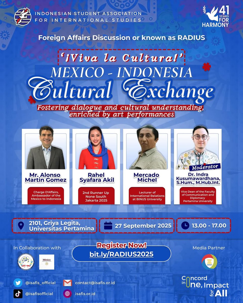 [ 🌍 RADIUS 2025 🎭 ]

Are you passionate about cultural exchange and eager to explore the vibrant traditions of Mexico and Indonesia?

📅 Save the date: 27 September 2025 Link register 
👉 bit.ly/RADIUS2025 

#ISAFIS #CulturalExchange