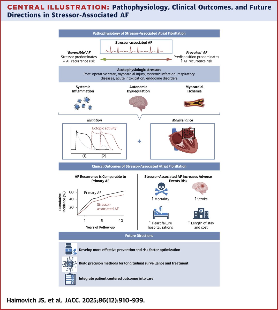 shaan_khurshid's tweet image. Your patient develops #afib during acute illness or surgery. #afib goes away when stressor is gone.
Will #afib come back? How to treat? Prevent? Answers and more in our new @JACCJournals state-of-the-art review on stressor-associated AF led by @JHaimovichMD & @ShinoKany ⬇️