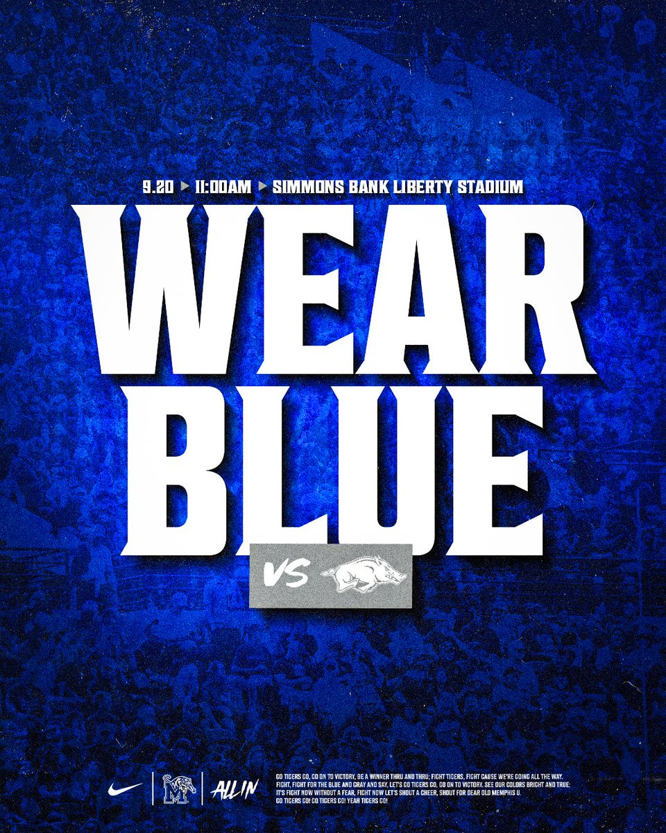 MemphisFB's tweet image. 🔵 Saturday's Forecast: BLUE 🔵

#ALLIN | #GoTigersGo

🎟️ gotigersgo.me/9-20vsARK