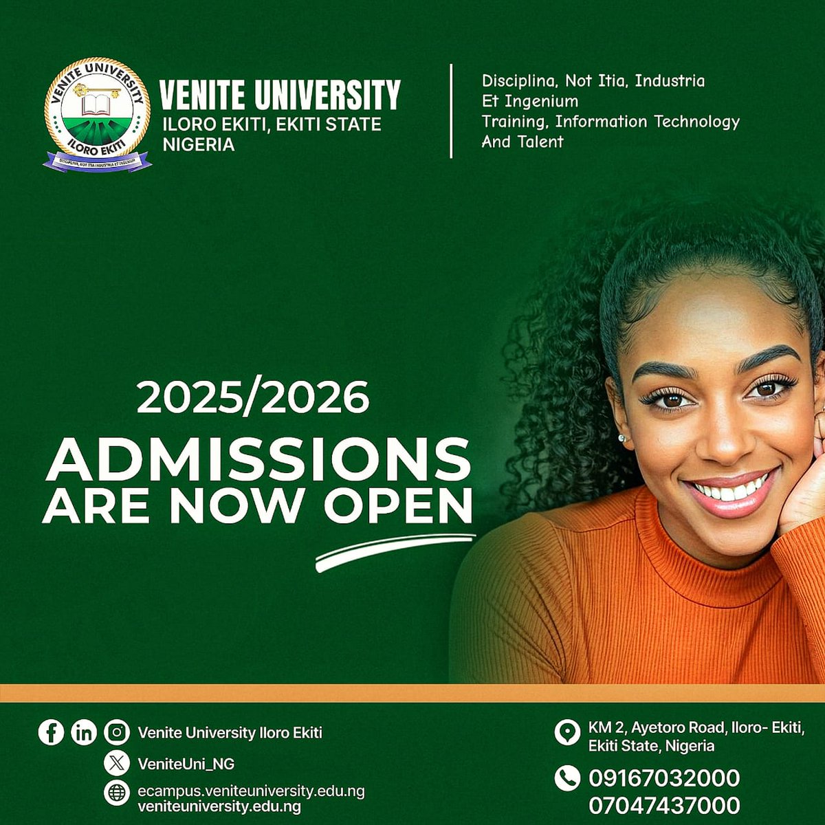 EkitiArshavin's tweet image. 📢 Admissions are still available!

🎓 Pursue your career where aspirations are effectively attained; Venite University, Iloro Ekiti.

👉 Apply Now: ecampus.veniteuniversity.edu.ng/admissions
📞 09167032000 | 07047437000

#VeniteUniversity #AdmissionsOpen #StudyInEkiti