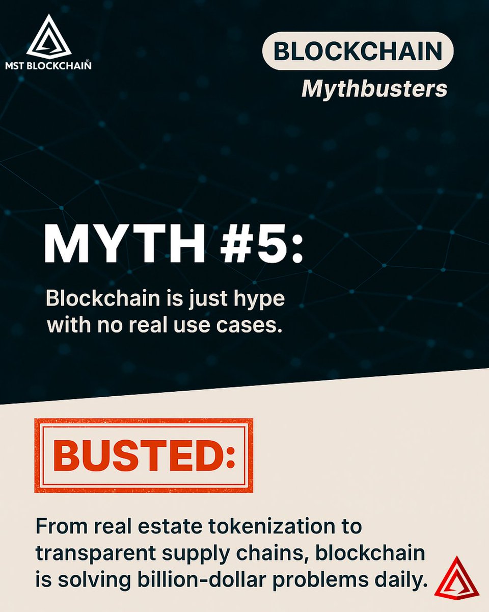 MSTBlockchain's tweet image. 💭 “It’s only buzz.”
🚫 BUSTED: From real estate tokenization to transparent supply chains, blockchain solves billion-dollar problems daily.
📌 Real solutions > hype.
#mstblockchain #BlockchainUseCases #Web3 #CryptoForBusiness #BlockchainMythbusters