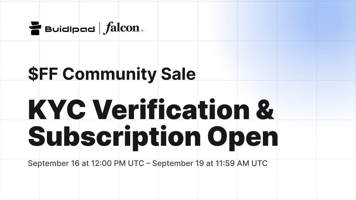 Buidlpad (@buidlpad) on Twitter photo The KYC and Subscription stage for the $FF Community Sale is now officially live! ЁЯжЕЁЯЯа
This is the first participation window for the <a href="/FalconStable/">Falcon Finance ЁЯжЕЁЯЯа</a> Sale. Complete your identity verification and subscribe before the deadline. No assets are committed now, but KYC and subscription The KYC and Subscription stage for the $FF Community Sale is now officially live! ЁЯжЕЁЯЯа
This is the first participation window for the <a href="/FalconStable/">Falcon Finance ЁЯжЕЁЯЯа</a> Sale. Complete your identity verification and subscribe before the deadline. No assets are committed now, but KYC and subscription