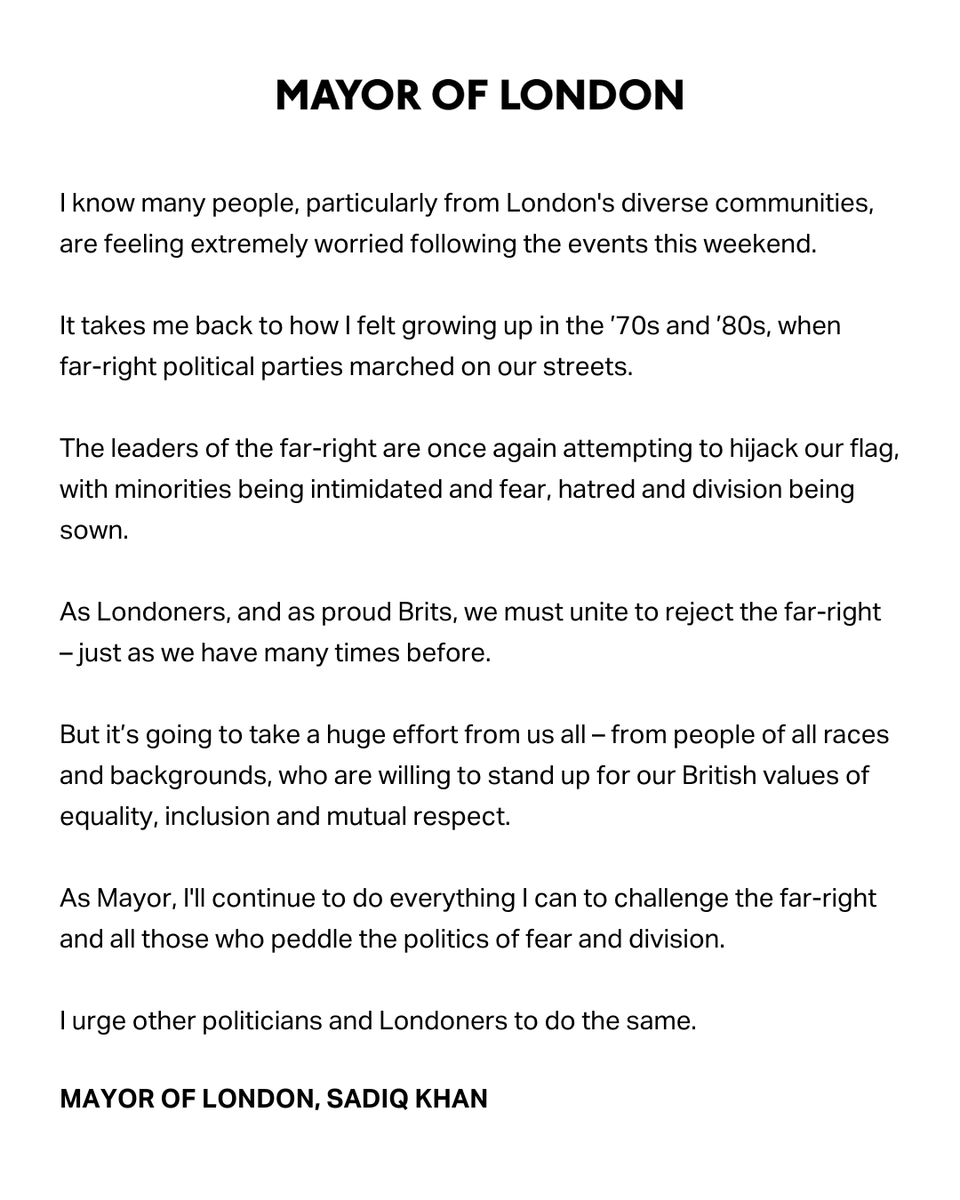More nonsense from this mayor, I worked on Saturday, felt very safe, picked up some of those so-called far right, got paid very well with good tips, no matter who u are if u were born in England then the flag is yours.

Anyone hijacking the flag is the mayor.

You're a disgrace.