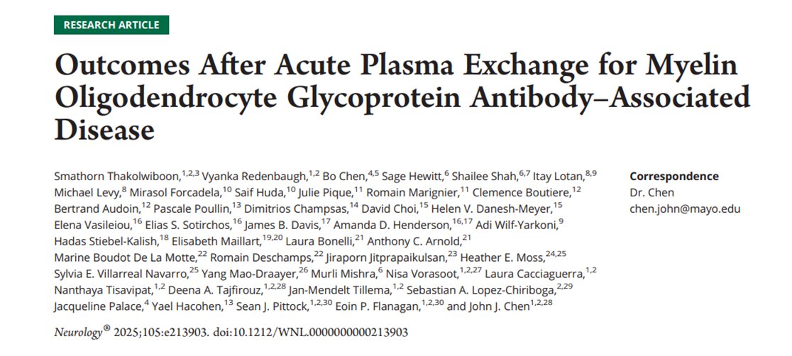 Check out our Neurology Podcast with <a href="/JRAbbatemarco/">Justin Abbatemarco</a> and @Smathorn on our international retrospective study on PLEX for MOGAD attacks. 
Early PLEX = 👍, but need a trial to prove it. Look out for the TIMELY-PLEX trial that will start enrolling this fall!
[directory.libsyn.com/episode/index/…]