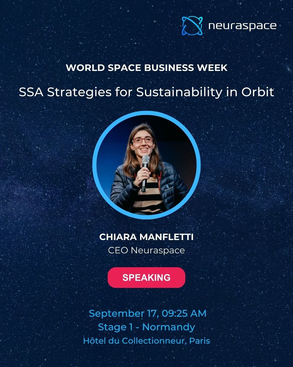 Tomorrow, 17 September at 09:25, Chiara Manfletti joins the panel “SSA Strategies for Sustainability in Orbit” at World Satellite Business Week. If you’re at #WSBW, stop by #Neuraspace booth (21). Our team is here all week to connect, chat, and answer your questions.