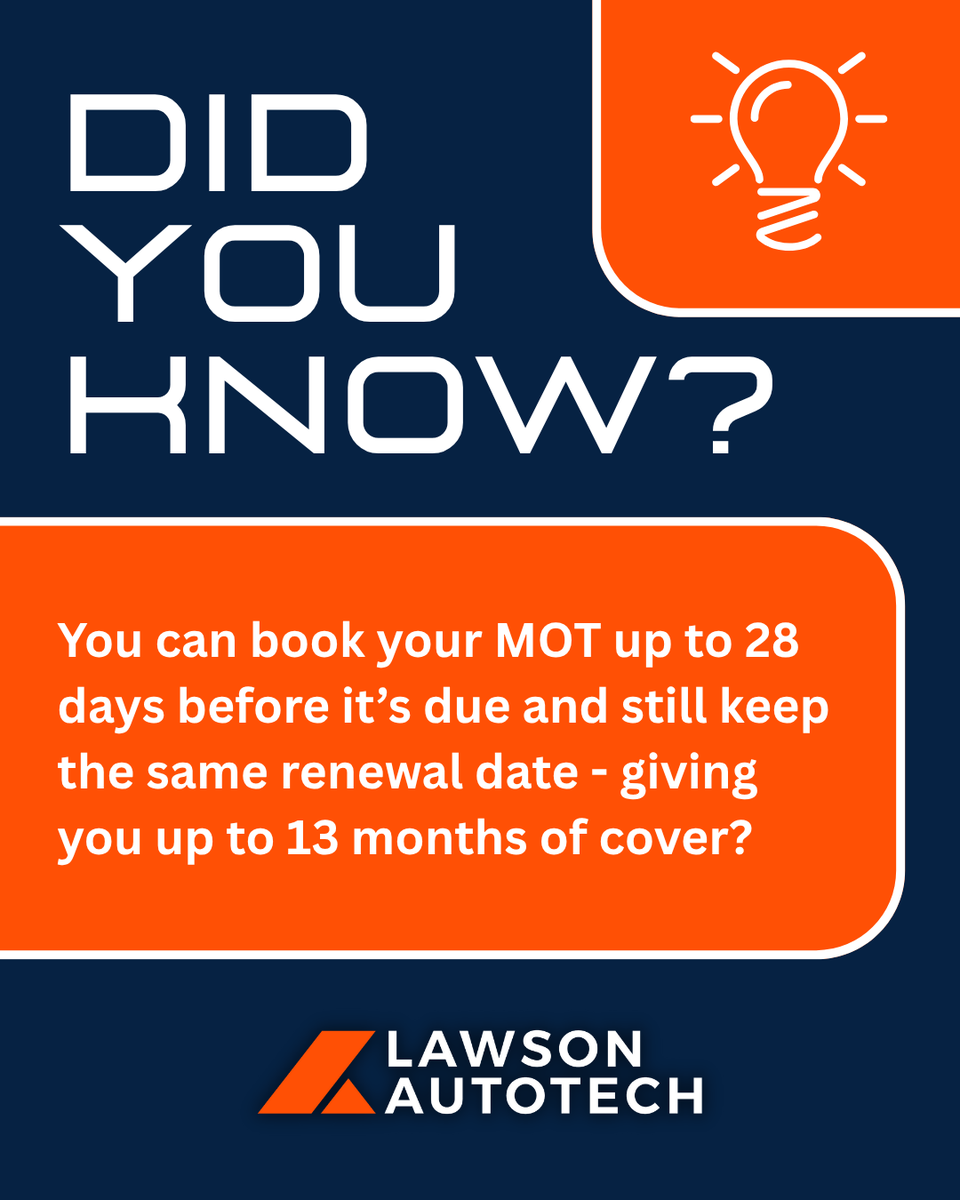 LawsonAutotech's tweet photo. Still got 4 weeks left before your MOT is due? Get your vehicle booked in today and get up to 13 months of cover!

📞 01324 570400 https://t.co/MmfUn9ewpB