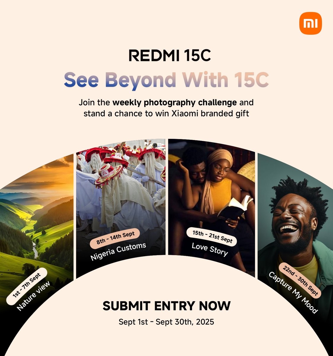 XiaomiNigeria's tweet photo. t’s time to VOTE! The #Redmi15C “See Beyond With 15C” challenge is heating up 🔥. Check out our Week 2 contestants and pick your favorite!

A, B, C, or D — who’s your winner? 🤩

Cast your vote NOW and stand a chance to WIN a Xiaomi Outdoor Speaker!

#Redmi15C #SeeBeyondWith15C #PhotographyChallenge