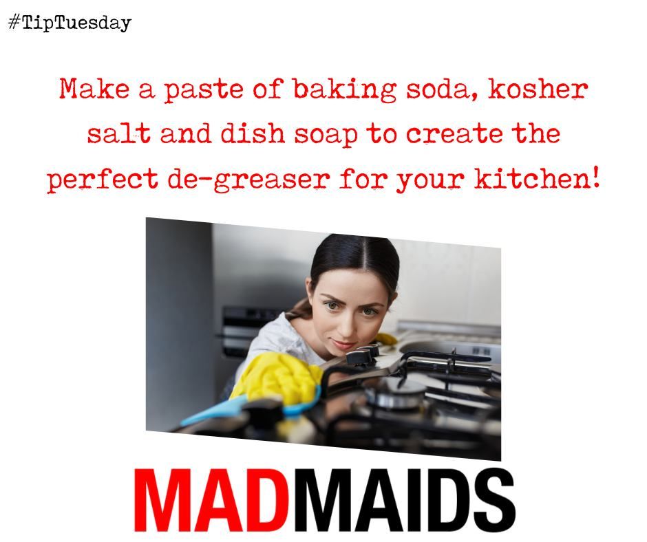 Make a paste of baking soda, kosher salt and dish soap to create the perfect de-greaser for your #kitchen!
#cleaningtips #hometips #yyc #yeg #MadMaids #housecleaning #satisfactionguaranteed #maidservice