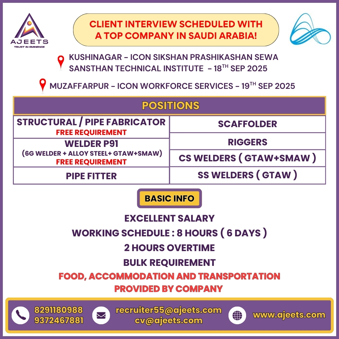ajeetsholding's tweet photo. 🚨 MEGA RECRUITMENT DRIVE – SAUDI ARABIA 🚨
Interviews in India:
📍 Kushinagar 18 Sept | Muzaffarpur 19 Sept | Gopalganj 20 Sept | Mairwa 21 Sept
👷 Roles: Fabricators, Welders, Pipe Fitters, Scaffolders, Riggers
💰 Salary+OT | 🏠 Free FAT
#SaudiJobs #GulfJobs #Hiring #Ajeets https://t.co/1Z2qEnzS5B