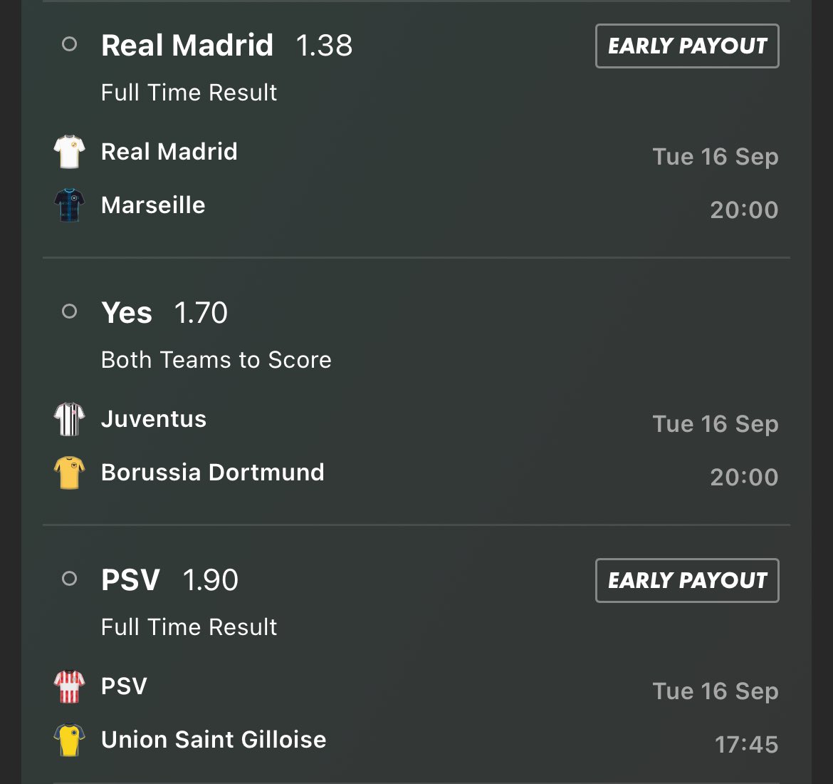 promatchpicks's tweet photo. ⚽ Tuesday night treble locked in!

🔵 Real Madrid win @1.38 – Hala Madrid!
⚫ BTTS Juve vs Dortmund @1.70
🔴 PSV win @1.90

Looks a solid slip 💰 Let’s see if it delivers 👀

#UCL #ChampionsLeague #RealMadrid #Juventus #BVB #PSV https://t.co/P2JUBeXuWj