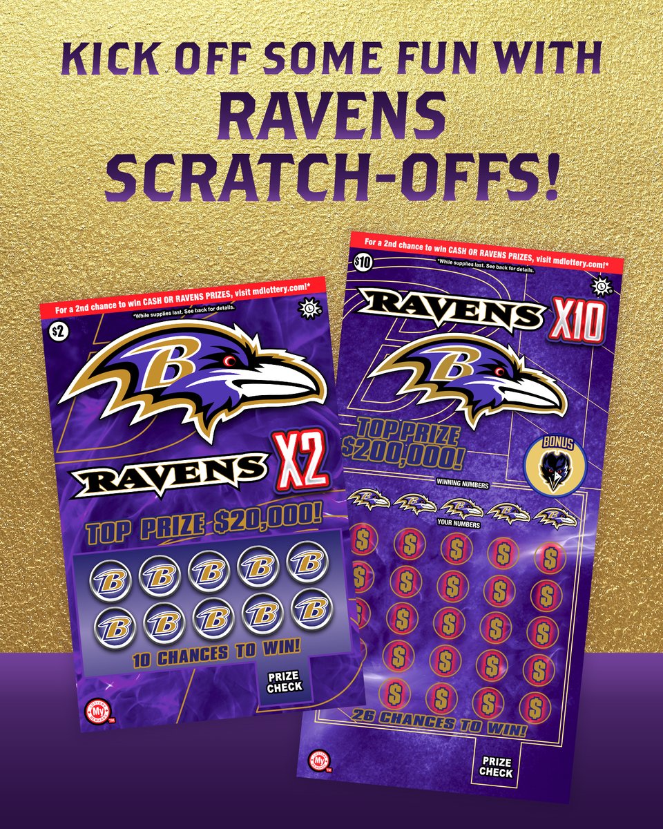 Play Ravens Scratch-Offs for a chance to win up to $200,000 instantly, or enter non-winning tickets into My Lottery Rewards for a chance to win $10,000, season tickets for 20 years, and more! Please play responsibly. bit.ly/418tYra