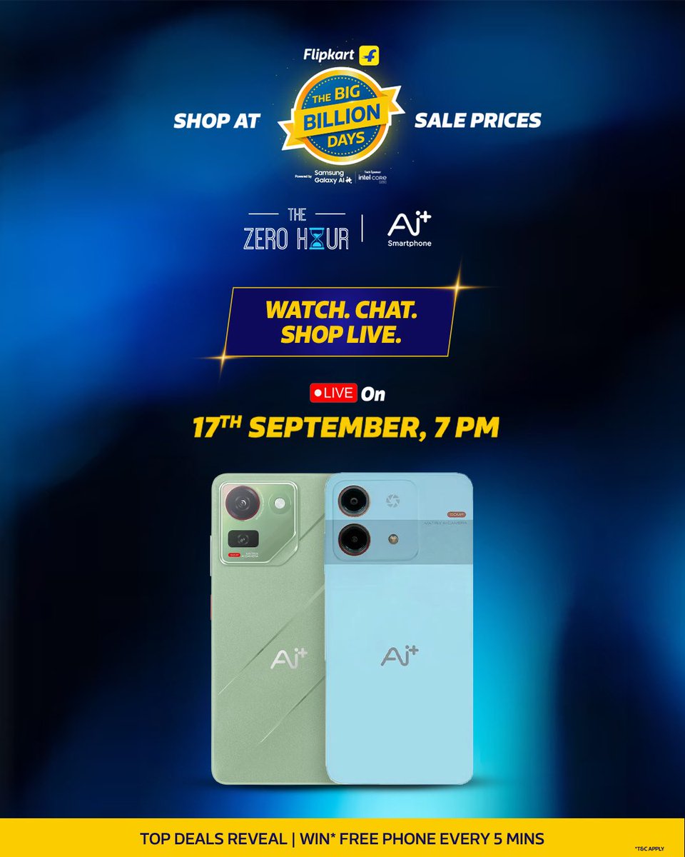 NxtQuantumOS's tweet image. Catch the Ai+ Smartphone live at The Zero Hour on Flipkart's Big Billion Days, tomorrow at 7:00 PM 🛍️✨ Watch. Chat. Shop Live.
Get ready to #AddAPlus to your life!
#AiPlusSmartphone #NxtQuantumOS #Flipkart #BigBillionDays