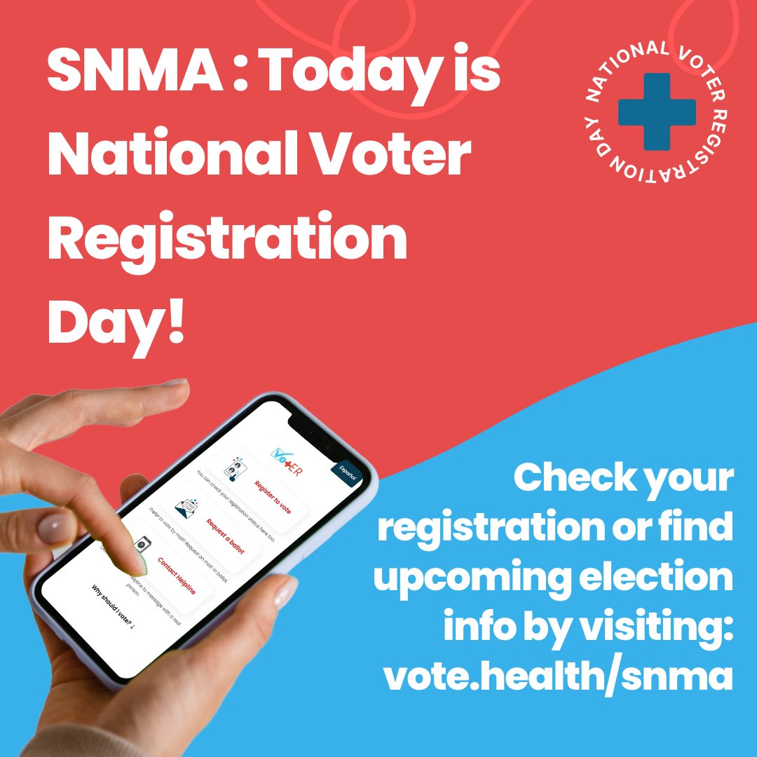 In recognition of the vital connection between civic participation, SNMA is proud to join the nationwide celebration of National Voter Registration Day. Take just 2 minutes today to check your voter registration at vot-er.org/badge/ to help others get registered!
