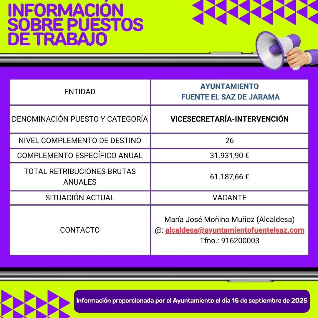 INFORMACIÓN SOBRE PUESTOS DE TRABAJO: AYUNTAMIENTO DE FUENTE EL SAZ DE JARAMA