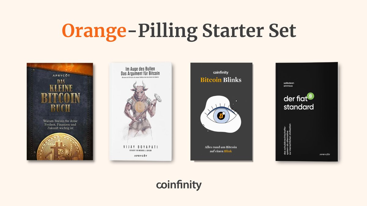 Coinfinity ⚡️ (@coinfinity) on Twitter photo Wir verlosen wieder ein Orange-Pilling Starter Set! 📙📙📙📙
Geballtes Bitcoin-Wissen von <a href="/aprycotmedia/">Aprycot Media 📚</a> zum Lesen und/oder Verschenken! ⚡️
🧒🏼 Das kleine Bitcoin Buch
🐂 Im Auge des Bullen
👁️ Bitcoin Blinks
🖨️ Der Fiat-Standard
Herzen, teilen & folgen um mitzumachen! 🧡 Wir verlosen wieder ein Orange-Pilling Starter Set! 📙📙📙📙
Geballtes Bitcoin-Wissen von <a href="/aprycotmedia/">Aprycot Media 📚</a> zum Lesen und/oder Verschenken! ⚡️
🧒🏼 Das kleine Bitcoin Buch
🐂 Im Auge des Bullen
👁️ Bitcoin Blinks
🖨️ Der Fiat-Standard
Herzen, teilen & folgen um mitzumachen! 🧡