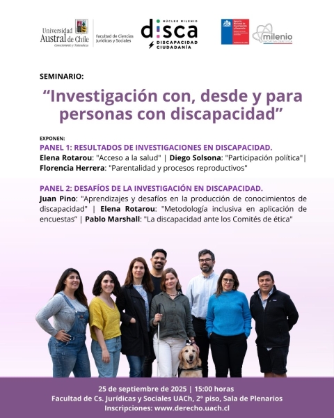 #Agenda | Seminario: “Investigación con, desde y para personas con discapacidad”

🗓 25 de septiembre 🕒 15:00 hrs 📍 2° piso, Sala de Plenarios, Derecho UACh Valdivia

🔗 Más información e inscripciones en derecho.uach.cl

#DISCA #UACh #InvestigaciónInclusiva #Valdiviacl