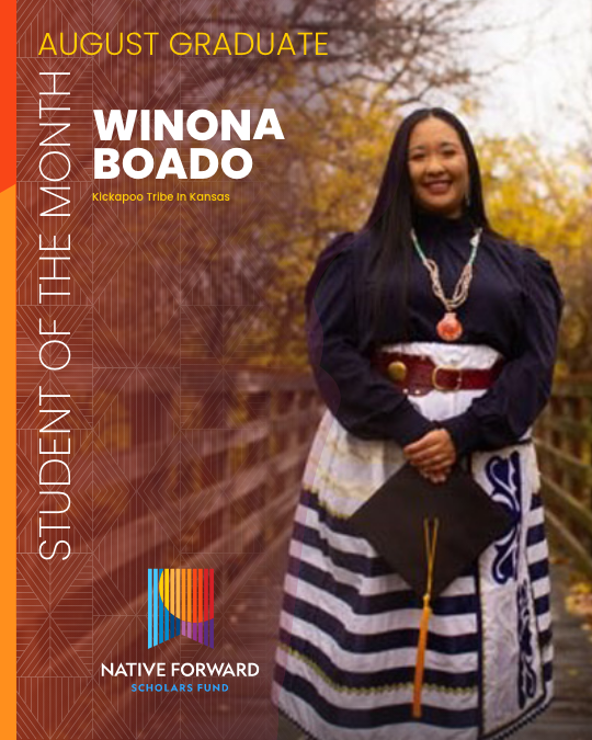 Native_Forward's tweet image. Meet #NativeForward August Graduate Student of the Month, Winona Boado! Citizen of Kickapoo Tribe, Kansas,  earning her Master’s at Washburn &amp;amp; a Doctoral candidate at Walden. Creator of We Are Medicine, she uplifts youth &amp;amp; community.-More: bit.ly/NFSAugust2025G…
#MakingTheGrad