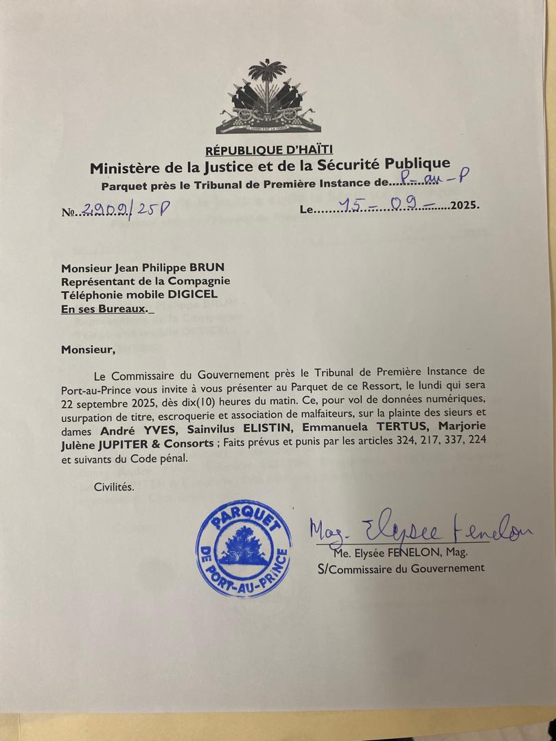ArnelREMY2's tweet photo. Le PDG de la DIGICEL est invité à comparaître au parquet de port au Prince ce lundi 22 sept 2025 pour répondre des faits de vol de données numériques et associations de malfaiteurs dans le cadre du dossier des assurances bidons BIMA/VIV ASSURANCES et la INASSA. #CADDHO #JUSTICE https://t.co/g4LDr8Cpgz