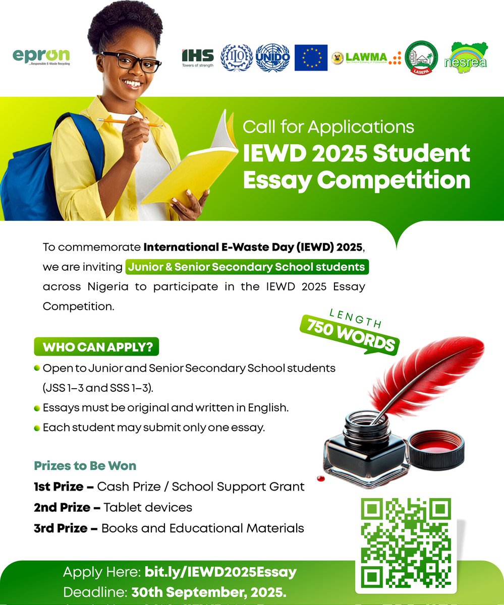 To mark International E-Waste Day 2025, EPRON and its partner organizations is inviting Junior and Senior Secondary School students  across Nigeria to take part in the IEWD 2025 Essay Competition.

📌 Deadline: 30th Sept, 2025
🔗 Apply here: bit.ly/IEWD2025Essay

#IEWD2025