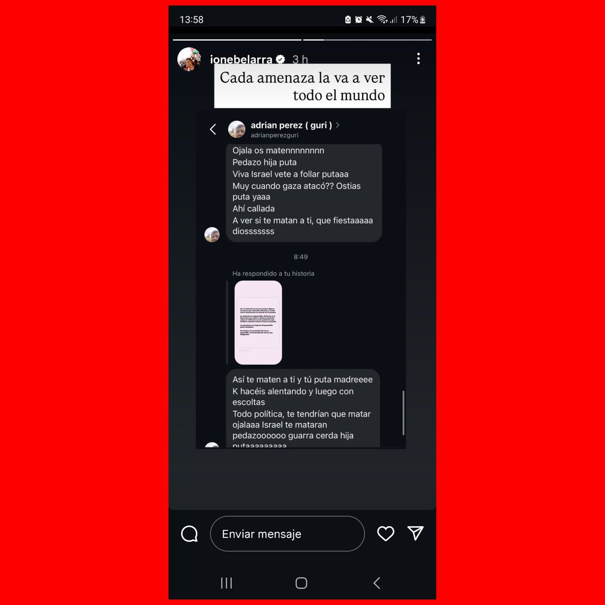 Rubén Hood 🇵🇸 (@rubenhood15m) on Twitter photo La secretaria general de Podemos, Ione Belarra, está recibiendo amenazas de muerte por parte de hombres de extrema derecha tras protestar contra el genocidio: "Viva Israel, vete a f*llar p*ta"
Solo les queda la violencia para intentar tapar la verdad. Todo mi apoyo. La secretaria general de Podemos, Ione Belarra, está recibiendo amenazas de muerte por parte de hombres de extrema derecha tras protestar contra el genocidio: "Viva Israel, vete a f*llar p*ta"
Solo les queda la violencia para intentar tapar la verdad. Todo mi apoyo.