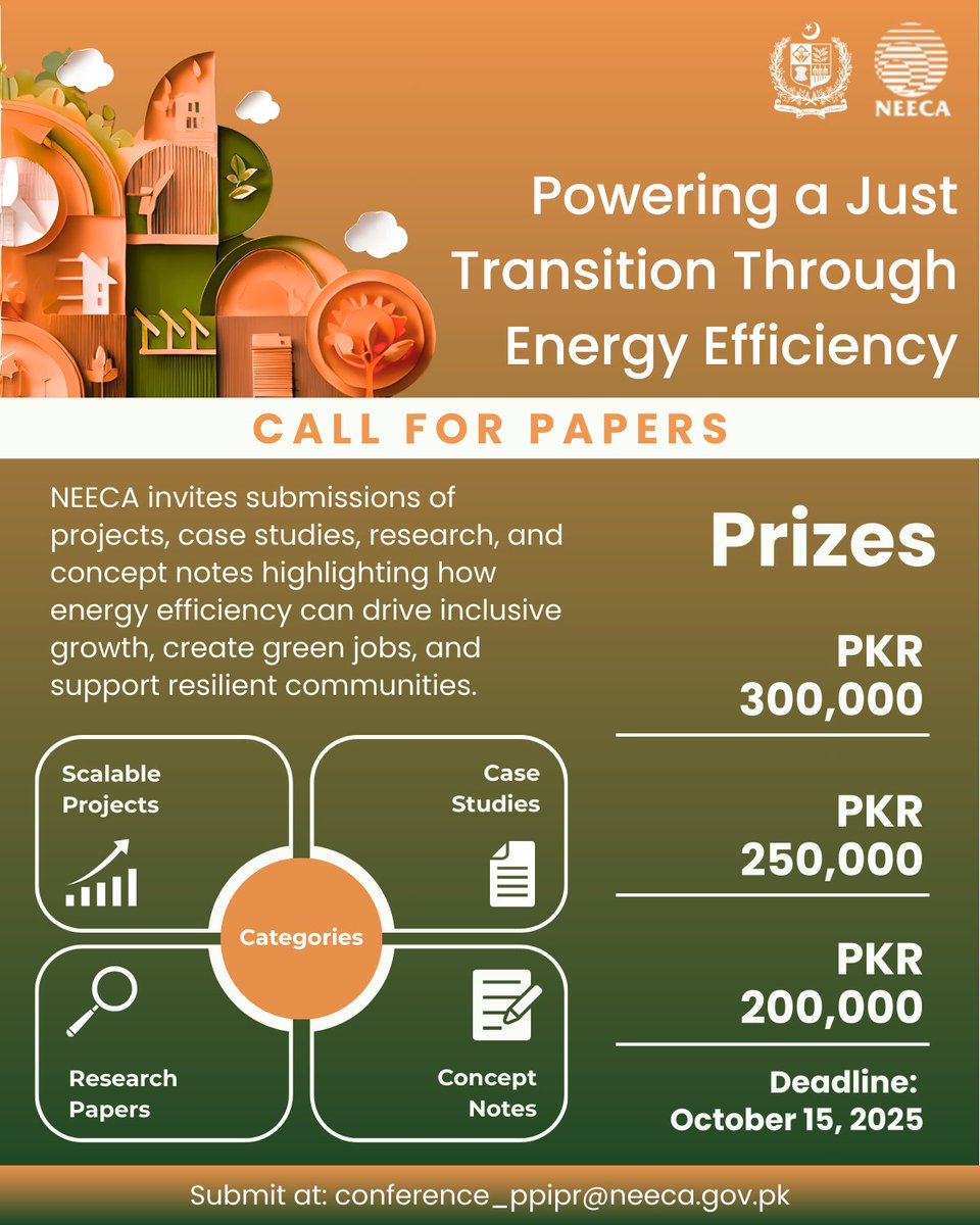 NEECA_Pakistan's tweet photo. Pakistan’s energy future needs YOUR spark!
Got an idea that can drive #EnergyEfficiency, #GreenJobs & a #JustTransition?
#NEECA is rewarding bold solutions with up to PKR 300,000!
📅 Apply by Oct 15, 2025
📧 conference_ppipr@neeca.gov.pk
#COP30 #JustTransition #GreenJobs https://t.co/JGFRPY1vRS
