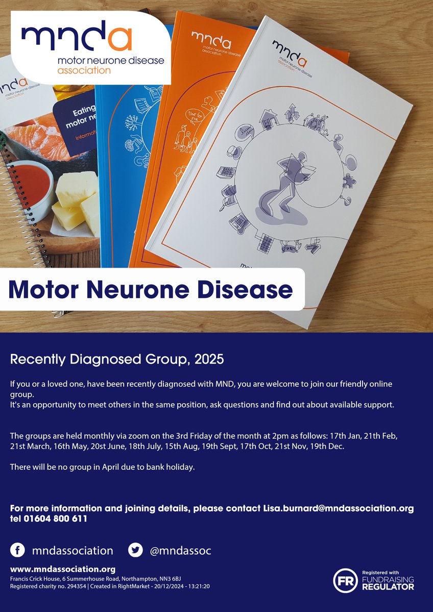 WL_MND's tweet image. 💙 Recently diagnosed with #MND?

Join our friendly online group to connect, share &amp;amp; find support.

📅 Meets monthly on the 3rd Friday at 2pm via Zoom

Next: This Friday 19 Sept.

ℹ️ Contact Lisa.burnard@mndassociation.org / 01604 800 611

#MotorNeuroneDisease #Support