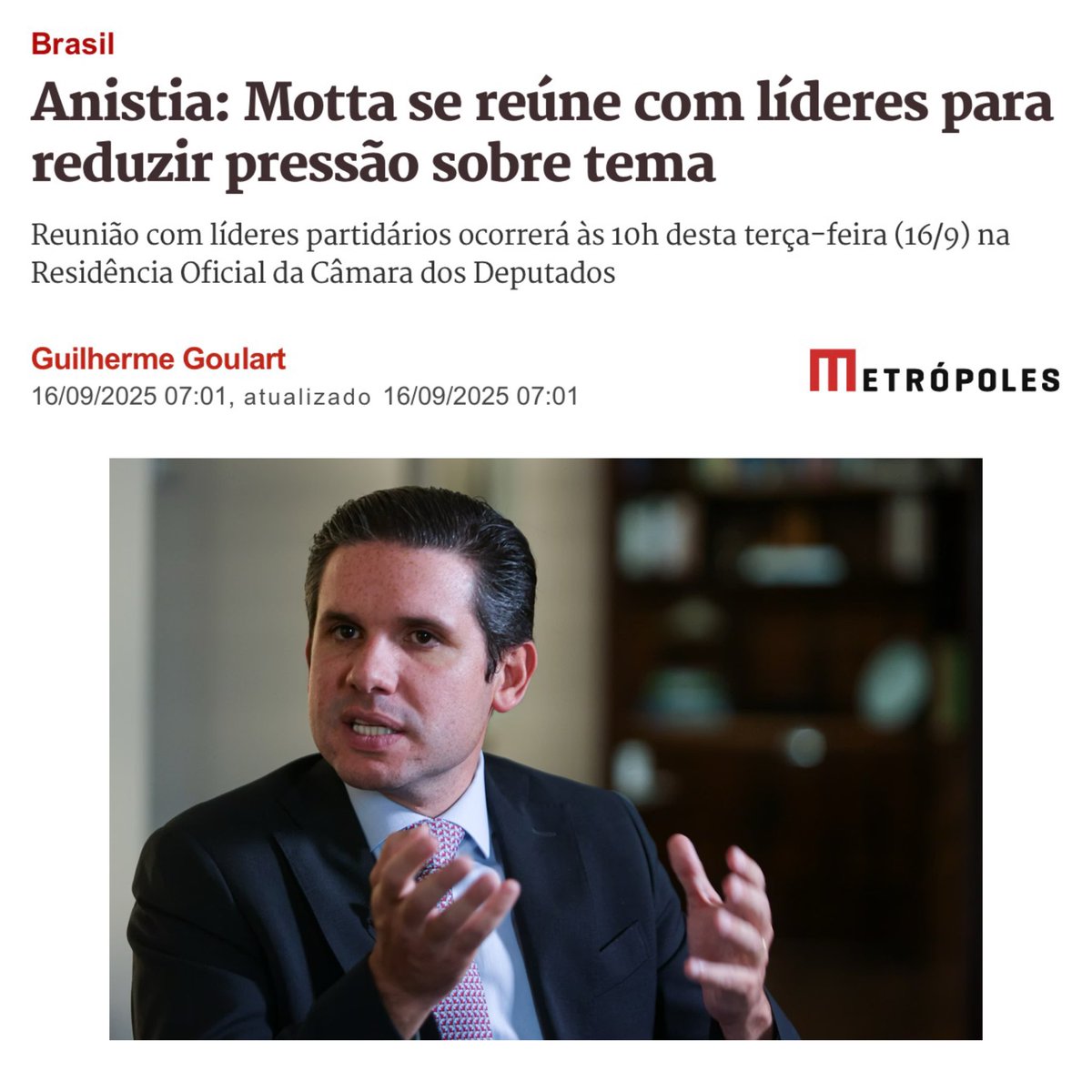 Lázaro Rosa 🇧🇷 (@lazarorosa25) on Twitter photo IMPORTANTE: Daqui a pouco, Hugo Motta estará reunido com líderes para tratar da anistia a criminosos golpistas. <a href="/HugoMottaPB/">Hugo Motta</a>, o povo exige outra prioridade: votar já a isenção do IR para os trabalhadores! Vamos pressionar!
IR ISENTO JÁ
MOTTA ATENDA O POVO
AGORA É A VEZ DO POVO IMPORTANTE: Daqui a pouco, Hugo Motta estará reunido com líderes para tratar da anistia a criminosos golpistas. <a href="/HugoMottaPB/">Hugo Motta</a>, o povo exige outra prioridade: votar já a isenção do IR para os trabalhadores! Vamos pressionar!
IR ISENTO JÁ
MOTTA ATENDA O POVO
AGORA É A VEZ DO POVO