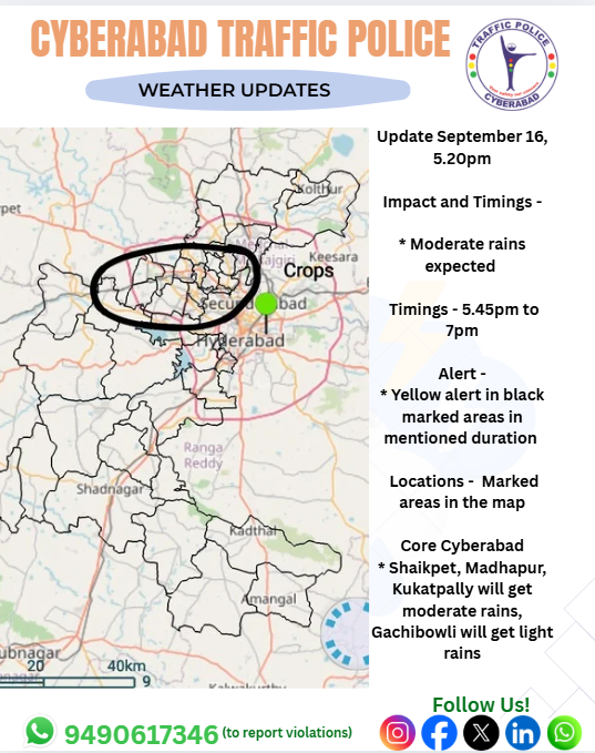 CYBTRAFFIC's tweet photo. Stay updated with Cyberabad Traffic Police social media & Traffic Pulse alerts.
Follow diversions, avoid waterlogging points & drive safe with caution.
#cyberabadtrafficpolice #trafficupdate #trafficpulse #drivesafe #cybtraffic #cyberabad #hitechcity #staysafeeveryone #roadsafety #hyderabad #hyderabadtraffic #trafficalert #weatherupdate #rainalert #HydUpdates #safetyfirst #drivecarefully #followtrafficrules