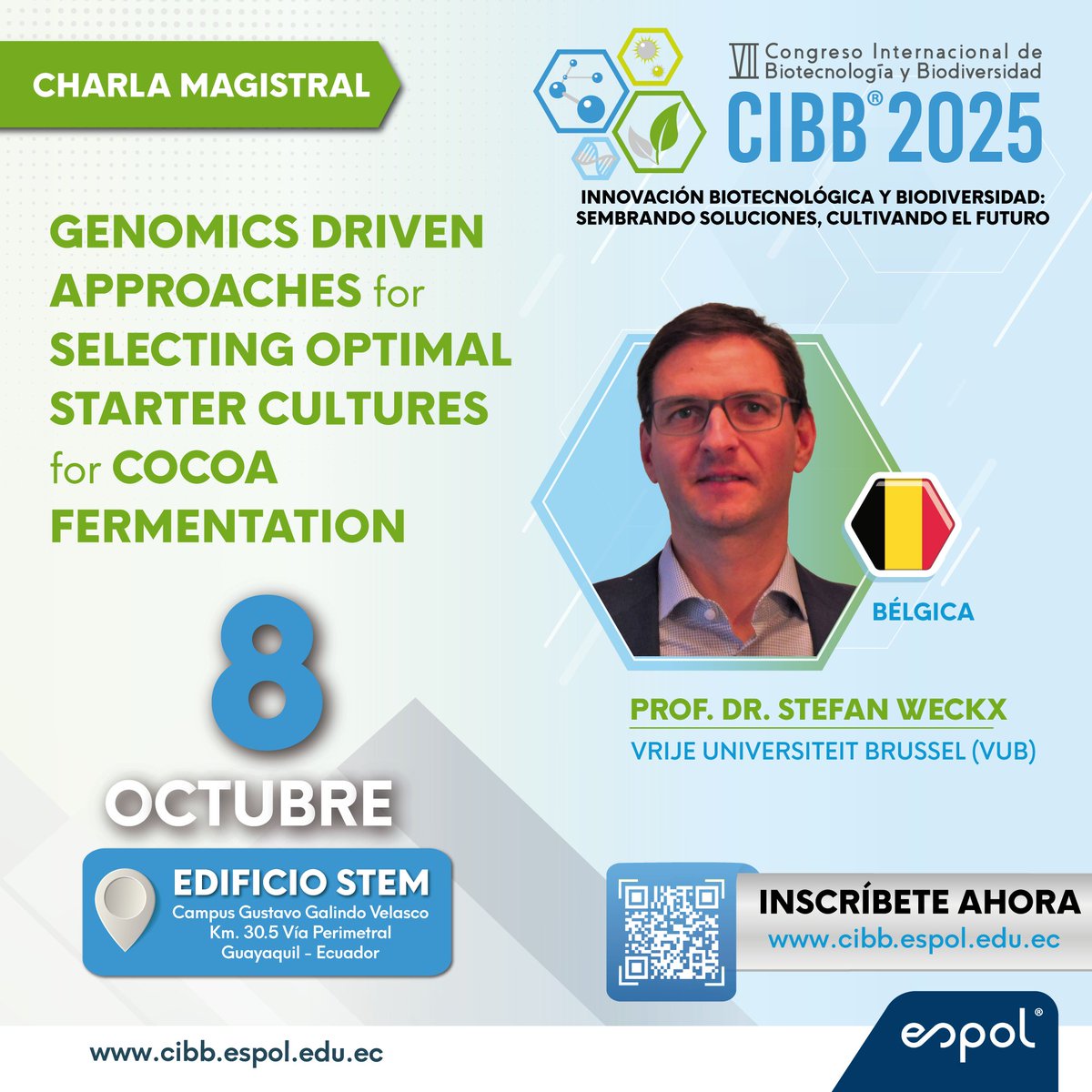 🚨 Productores, exportadores e industria del #cacao 🍫
La ciencia abre nuevas rutas para granos de mayor calidad y valor comercial.
🎤 Dr. Stefan Weckx – Bélgica 🇧🇪
📅 8 oct – <a href="/espol/">ESPOL</a> 
🌎 Traducción simultánea
👉 Regístrate: cibb.espol.edu.ec/.../formulario…
#CIBB2025 #Innovación