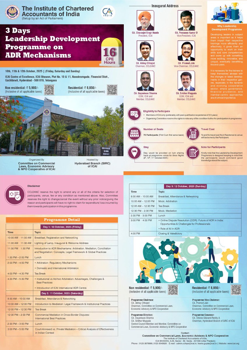 Three Days Development Programme on ADR Mechanisms: Arbitration, Mediation &amp; Conciliation. Organized By: Committee on Commercial Laws, Economic Advisory &amp; NPO Cooperative of ICAI, on 10-12th October, 2025 at CoE Hyderabad.

learning.icai.org/committee/cecl…

learning.icai.org/committee/cecl…