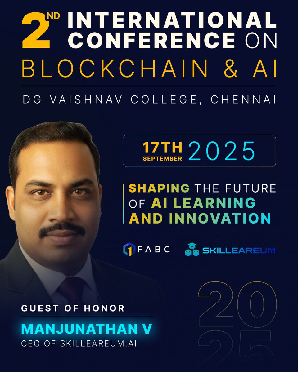 ⚡ Excited to join as Guest of Honor at the 2nd International Conference on Blockchain &amp; AI in Chennai on 17 Sep 2025.

🔥 Talking about the future of AI Learning + Blockchain Innovation with Skilleareum.AI.

Socio-EduFi DAO. zk-Proof of Learning. Smart Minting. 🚀
The