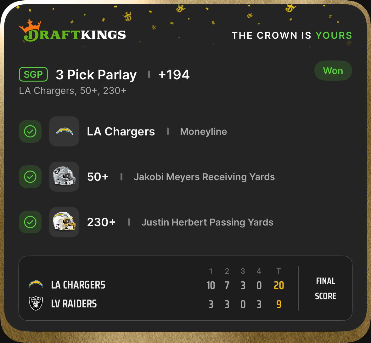 MNF best props went a perfect 3-0 💰 

<a href="/juliogofficial/">itsjuliogofficial</a> wit the Nico under

<a href="/ricoreallyready/">ReallyRico</a> with the Schultz 3+

<a href="/TSteBettingCo/">T&Stebettingco</a> with meyers over

Also gave out other same game parlays that cashed as well! Hope you tuned in!!
✅
#GamblingX #MNF #ABL #DraftKings #NFL #BettingTips