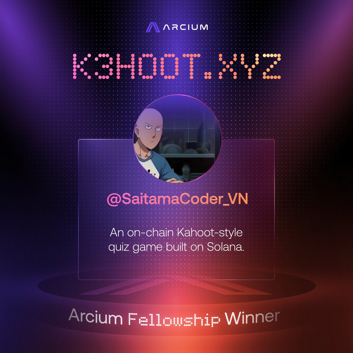 SaitamaCoder_VN's tweet image. Honored to be an Arcium Fellowship Winner with @k3hootxyz 💜🚀
Big thanks to @ArciumHQ for the support, and also to myself for not giving up on this journey. This idea was born while I was live streaming on X — and I wanted to build something more useful than @Kahoot :
➡️ A…