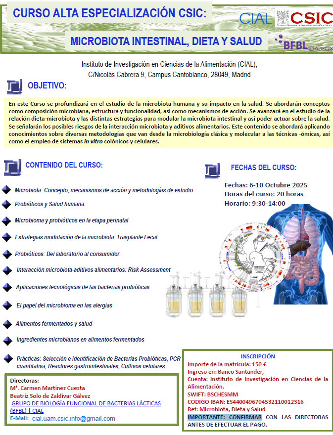 CIAL_CSIC_UAM's tweet image. ¿Te interesa la relación entre microbiota, dieta y salud?
El @CSIC y el @CIAL_CSIC organizan un curso de alta especialización para profundizar en este campo.
¡Aprende de la mano de expertos!
#Microbiota #Salud #Dieta #CSIC #CIAL #Investigación