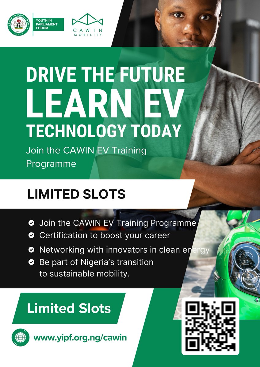TAC_Campaign's tweet image. The future of transportation is here and it’s electric!

The CAWIN EV Training Programme equips young Nigerians with hands-on skills in Electric Vehicle (EV) technology, maintenance, and innovation.