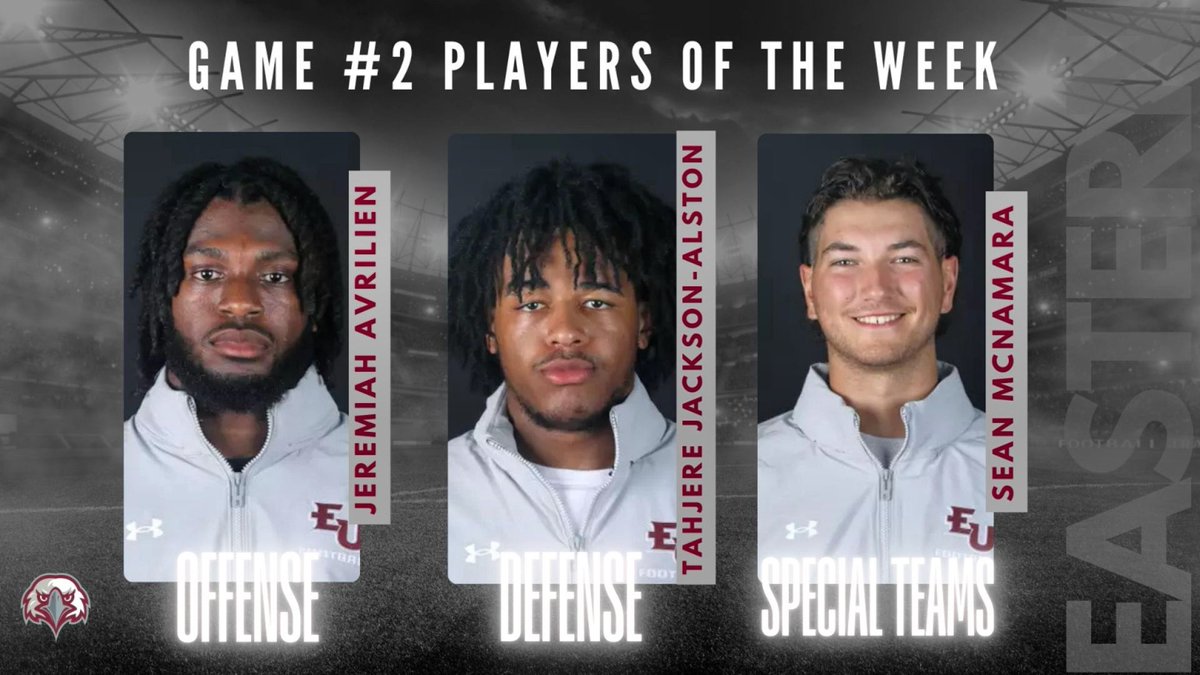 EUEaglesFB's tweet photo. Congrats to our Players of the Game in our Week #2 WIN!!! #FlyWithUs🦅🦅🦅 https://t.co/dKtyVtZfug