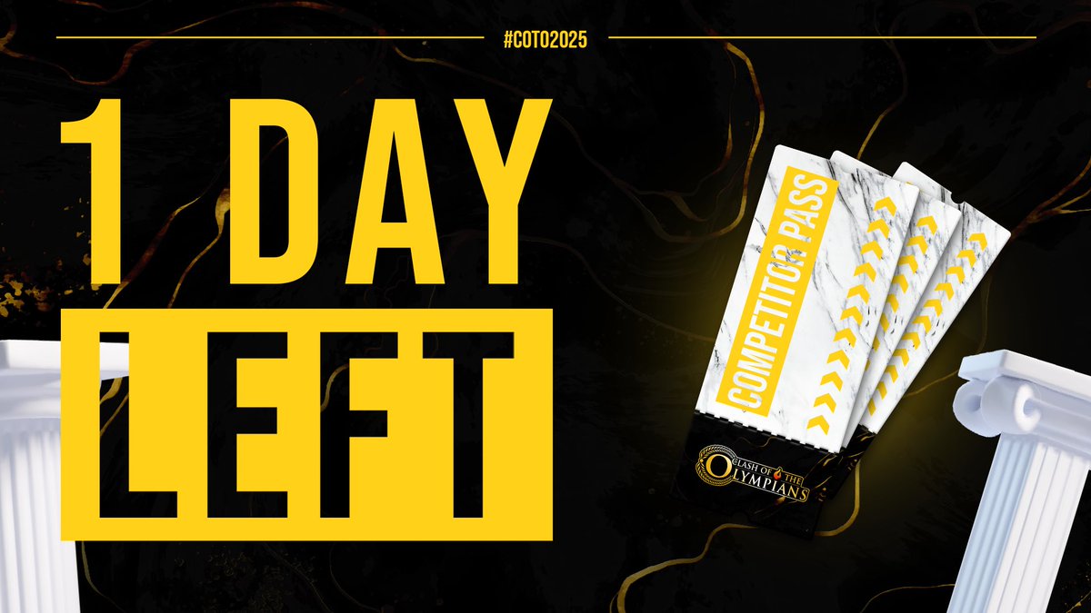 ClashOfTheOlympians (@cotolympians) on Twitter photo 📢SPECIAL REGISTRATION‼️
1 day left to register for the Standard Competitor Pass!   
40€ to register! 
REGISTER NOW!           
START.GG/COTO2025 
#COTO2025 📢SPECIAL REGISTRATION‼️
1 day left to register for the Standard Competitor Pass!   
40€ to register! 
REGISTER NOW!           
START.GG/COTO2025 
#COTO2025