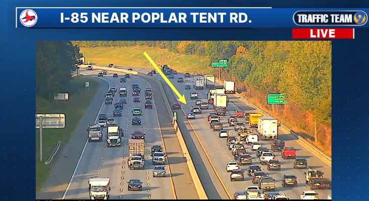 TrafficTeam9's tweet image. ALERT: This crash is I-85 SB prior to Poplar Tent Rd. blocking the left lane.  traffic is backed to NC 73 #ConcordNC #CabarrusCo #clt #cltraffic #clttraffic