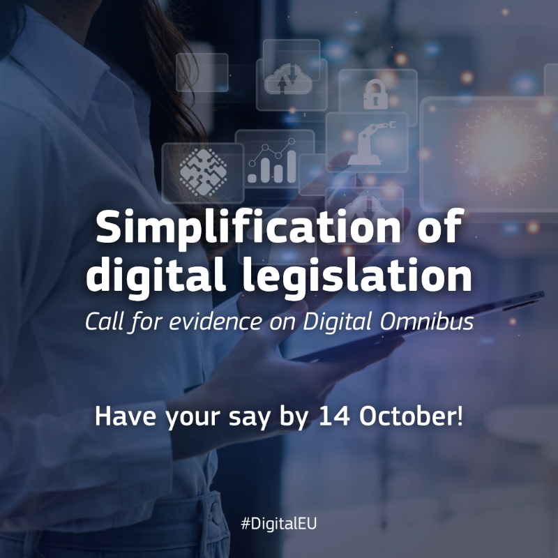 DigitalEU's tweet photo. Have your say on the simplification of EU digital rules!

The call gathers views from all stakeholders on how to best simplify digital legislation and will feed into the upcoming Digital Omnibus to create less complex rules on data, cybersecurity &amp; AI.

Deadline: 14 October ↓