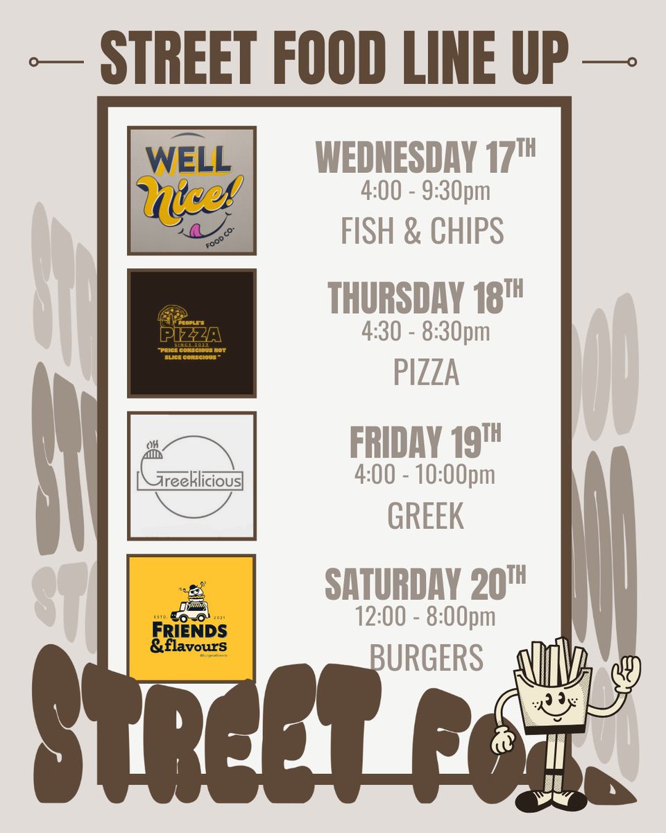 🍴 Street Food at the Tap Yard This Week! 🍴

We have Street Food this Wednesday for our Comedy Night!

Grab a bite, a beer, and relax in the Tap Yard!
Cheers! 🍻