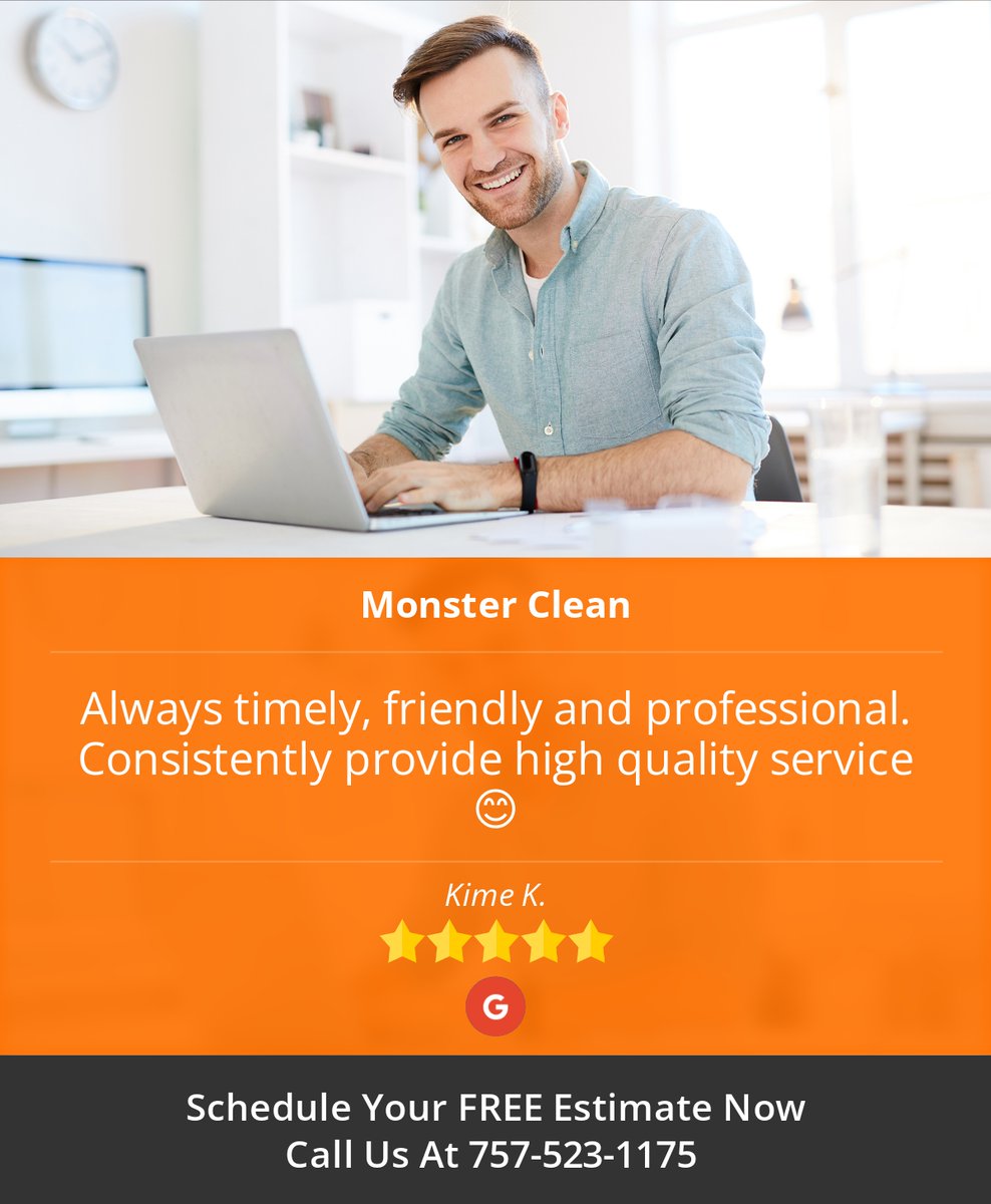 MonsterCleanVA's tweet image. 5 Star: Kime K. "Always timely, friendly and professional. Consistently provide high quality service..."